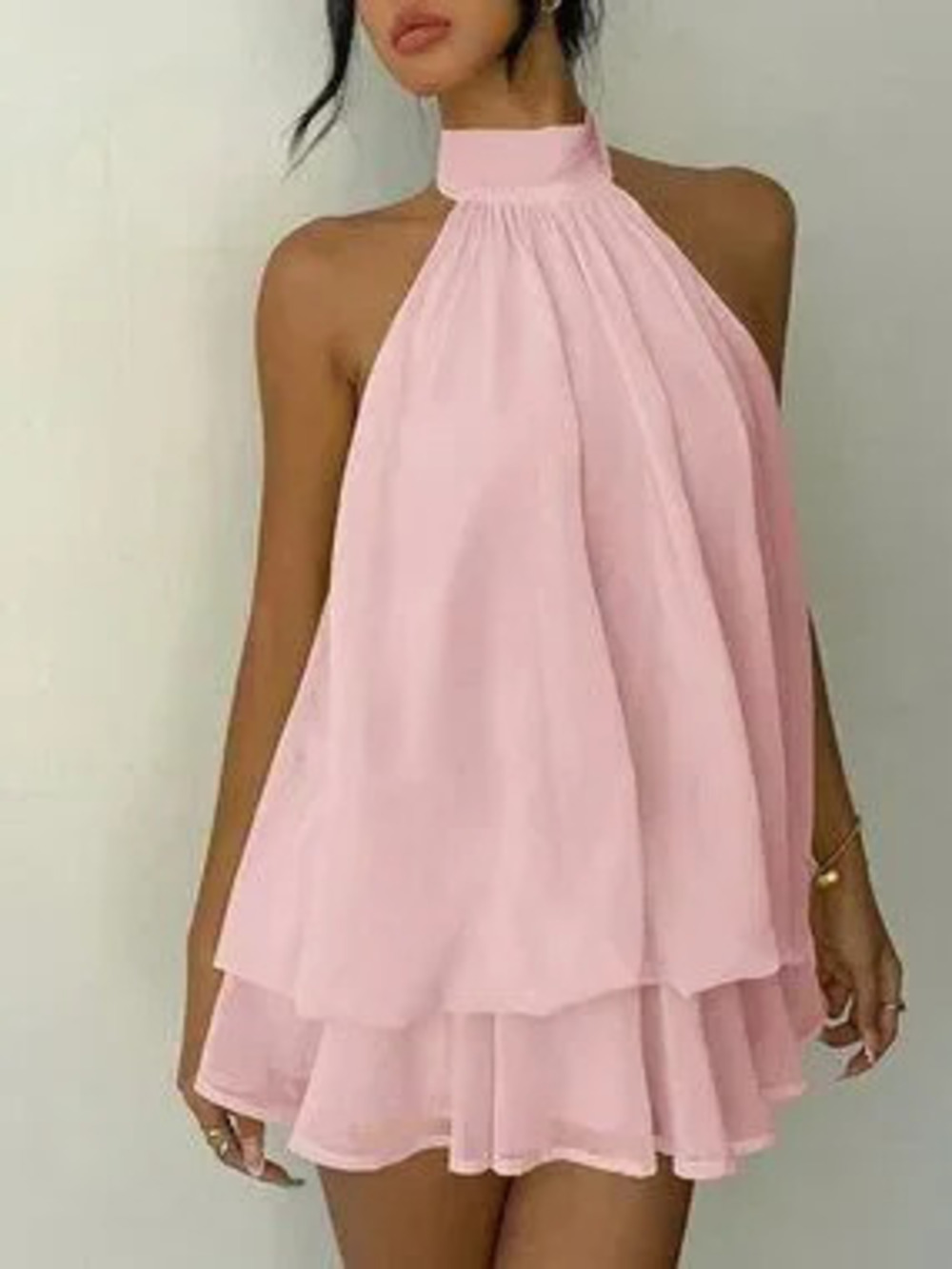 Baby Pink Casual Women's Elegant Halter Tie Mini Dress